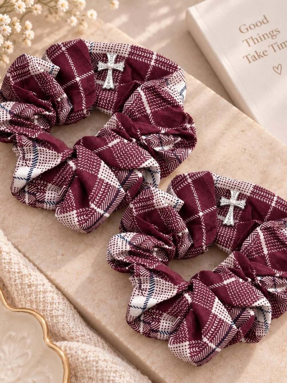 Dark Academia Preppy Burgundy Plaid Bow Scrunchies Christian Cross Set of 2